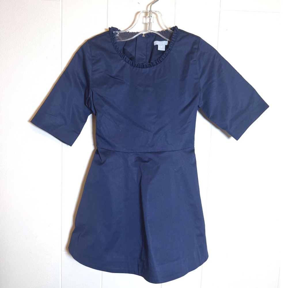 COS Toddler Girls 1-2Y Navy Blue Long Sleeve Cotton Ruffle Neck Tie Back Dress